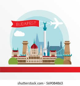 Budapest detailed silhouette. Trendy stylish colorful landmarks. The concept for a web banner. Chain Bridge and the Hungarian Parliament Building - The symbol of Hungary