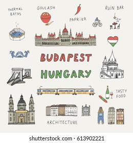 Budapest Hungary attraction color set.