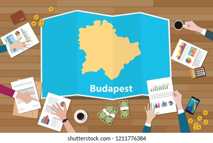 budapest hungary capital city region economy growth with team discuss on fold maps view from top vector illustration