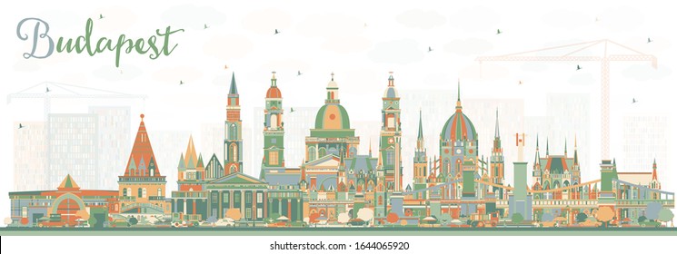 Budapest Hungary City Skyline with Color Buildings. Vector Illustration. Business Travel and Tourism Concept with Historic Architecture. Budapest Cityscape with Landmarks.