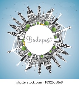 Budapest Hungary City Skyline with Gray Buildings, Blue Sky and Copy Space. Vector Illustration. Business Travel and Tourism Concept with Historic Architecture. Budapest Cityscape with Landmarks.