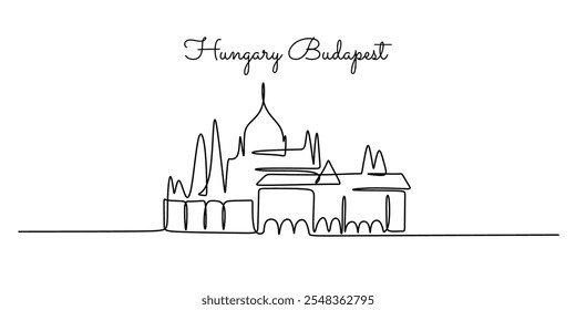 Budapest, Hungary cityscape in a continuous one line drawing. A minimalist vector illustration showcasing the city’s famous landmarks.