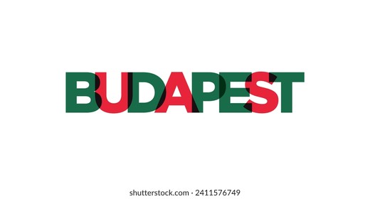 Budapest im ungarischen Emblem für Druck und Web. Das Design zeichnet sich durch geometrischen Stil, Vektorgrafik mit gewagter Typografie in moderner Schrift aus. Grafische Slogan-Schrift einzeln auf weißem Hintergrund.