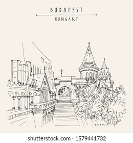 Budapest, Hungary, Europe.  Fisherman's Bastion (Halaszbastya) in Buda Castle on Buda Hill. Neo-Romanesque architectural style. Hand drawing. Travel sketch. Vintage touristic postcard, poster. Vector svg