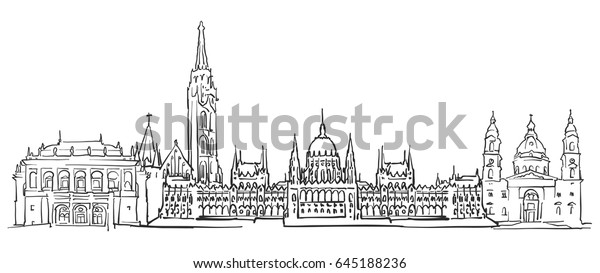 Budapest Hungary Panorama Sketch Monochrome Urban Stock Vector (Royalty ...