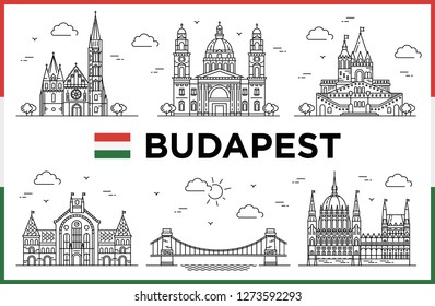 Budapest, Hungary. Parliament, Fishman Bastion, Modern buildings and city sights. Vector illustration