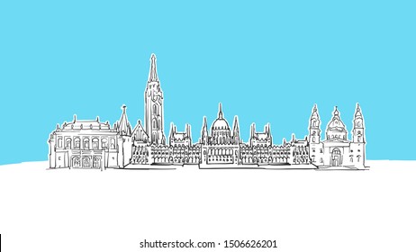 Budapest Hungary Skyline Panorama Vector Sketch. Hand-drawn Illustration on blue background.