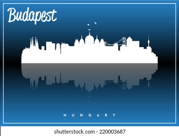 Budapest, Hungary skyline silhouette vector design on parliament blue and black background.