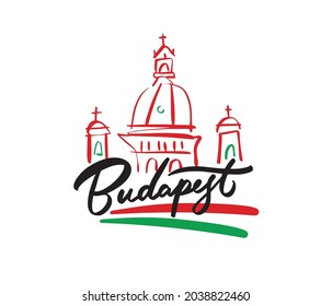 Budapest, Hungary vector line art background. Architecture, hand drawn, lettering, flag.