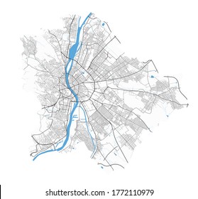 Budapest map. Detailed vector map of Budapest city administrative area. Poster with streets and water on white background.