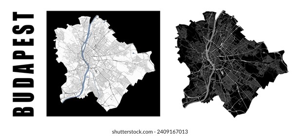 Budapest map. Hungary city within administrative municipal borders. Set of black and white vector maps. Streets and Danube river, high resolution.