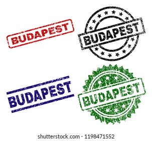 BUDAPEST seal prints with corroded style. Black, green,red,blue vector rubber prints of BUDAPEST caption with retro style. Rubber seals with round, rectangle, rosette shapes.