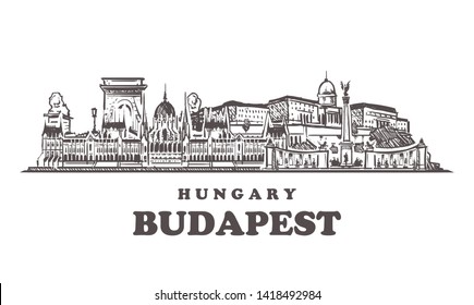 Budapest sketch skyline. Budapest, Hungary hand drawn vector illustration. Isolated on white background.