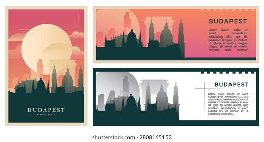 Budapest skyline illustration set with iconic landmarks. Brutalism Hungary city cityscape design pack for travel banners, tourism posters, and urban architecture concepts, social media, websites