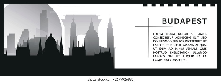 Budapest skyline vector banner, black and white minimalistic cityscape silhouette. Hungary city horizontal graphic, travel infographic, monochrome layout for website