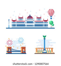 Budapest touristic landmarks vector flat illustration. Travel to Hungary design elements. Parliament, Heroes Square and Chain Bridge icons.