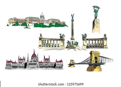 Budapest vector drawings - illustration package of important landmarks of Budapest