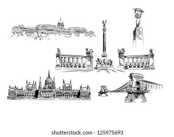 Budapest vector lineart - illustration package of important landmarks of Budapest