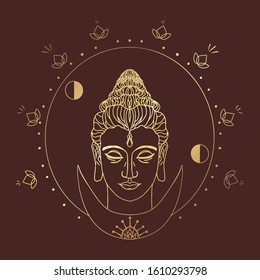 Budda head composition hand drawn  design element. Alchemy, spirituality, occultism  art. Vector magic illustration