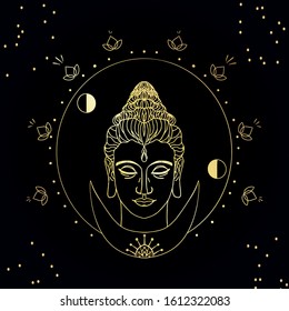 Budda head composition hand drawn  design element. Alchemy, spirituality, occultism  art. Vector magic illustration