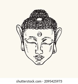 Buddah face. Ink black and white doodle drawing in woodcut style with inscription.