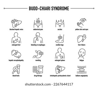 Budd-Chiari Syndrome symptoms, diagnostic and treatment vector icon set. Line editable medical icons.