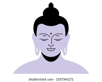 Buddha. Abstract head go Gautama Buddha. Purple skin, traditional hairstyle. Minimalist vector illustration. Symbol of Buddhism.