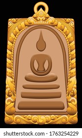 Buddha amulet in golden frame.Graphic vector