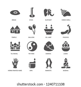 Buddha, Balloon, Bread, Sitar, Laddu, Samosa, Yin yang, Namaste icon 16 set EPS 10 vector format. Icons optimized for both large and small resolutions.