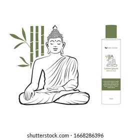 Buddha and bamboo plant, vector illustration and cosmetic container mock up