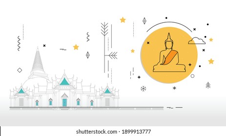 Buddha and Benchamabophit Dusit Wana Temple flat line design outline vector stroke on white background with copy space