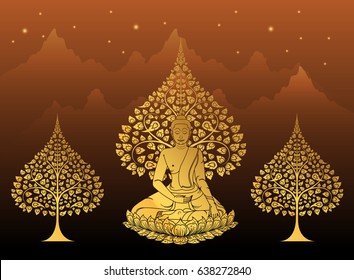 Buddha and Bodhi tree gold color of thai tradition,vesak day