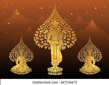 Buddha and Bodhi tree gold color of thai tradition,vesak day