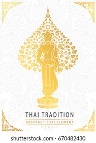 Buddha and Bodhi tree gold color of thai tradition,greeting card