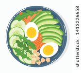 Buddha bowl with avocado, salmon, cucumber, boiled eggs, chickpeas, rucola, top view, isolated on background. Healthy clean balanced natural vegetarian detox meal. Vector illustration.