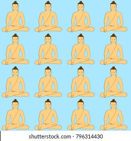 buddha, buddhas sitting in a row, parampara, enlightened masters on a blue background, avatara, meditating yoga, samadhi, buddha parampara ,religious ritual, seamless pattern. Freehand drawing vector.