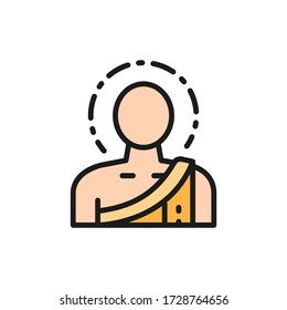 Buddha, buddhist monk flat color line icon.