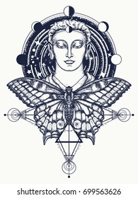 Buddha and butterfly tattoo. Symbol of immortality, enlightenment, religion, magic 