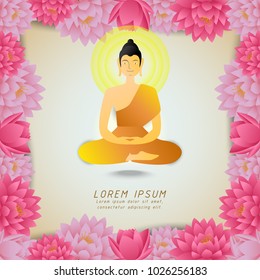 Buddha in center of pink lotus flowers frame,Buddhist holiday,vector illustration for invitation or greeting card,gradient style