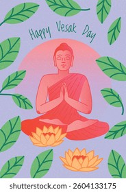 Buddha Character in Meditation Pose with Palms Together Surrounded by Leaves and Lotus Flowers. For poster, banner, background, greetings, print design. Vector illustration design.
