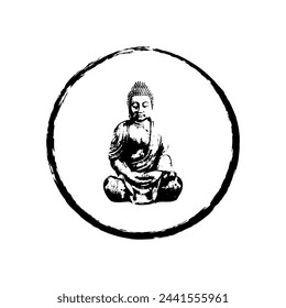 Buddha in circle grunge vector illustration isolated on white background, symbol of meditation, mindfulness image. Buddha statue symbolic painting. Sitting in meditation person, ancient style image