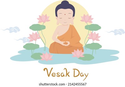 Buddha close eyes and sit cross-legged in the pond with blooming lotus. Vesak day flat style vector illustration.