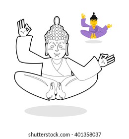 Buddha coloring book. Indian god meditating on white background. Status of nirvana and enlightenment. People sitting in lotus pose
