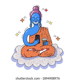 Buddha with cooffee and smartphone. Vector illustration.