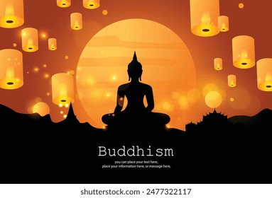 Día de Buda con diseño de estatua de Siddhartha Gautama. Vuela la linterna celeste y la sombra de Buda sentados sobre un fondo de Ilustración vectorial amarillo - Magha Puja, Asanha Puja, Día de Vesak Puja, Cultura de Tailandia