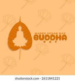 Buddha Day or Vesak day to celebrate on May. Illustration of a Bodhi leaf containing a meditating Buddha figure on orange background. Religious event banner.