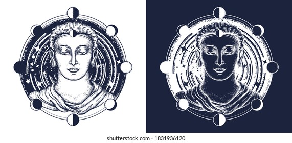 Buddha im T-Shirt-Design im Tiefraum. Symbol der Unsterblichkeit, der Erleuchtung, der Religion, der Magie. Weltraumgott. Schwarz-Weiß-Vektorgrafik