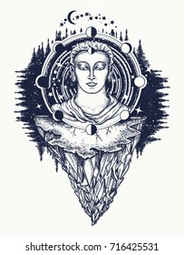 Buddha in deep space t-shirt design. Symbol of immortality, enlightenment, religion, magic. Space god. Sacred sign rebirth of the soul 