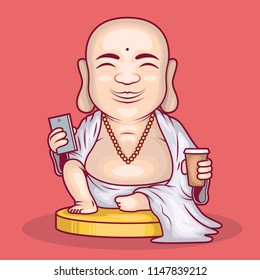 Buddha drinking coffee and sharing to social media vector illustration. Social media design concept