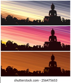 Buddha Dusk: Buddha statue in jungle at dusk. 3 color versions. No transparency and gradients used. 